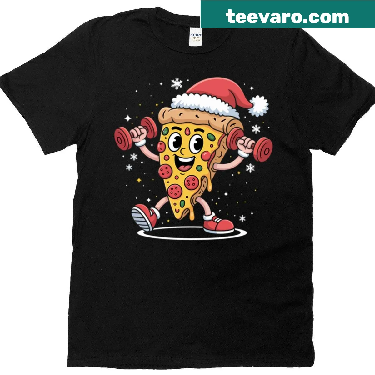 Cartoon pizza slice lifting weights graphic on T-shirt. — on a men's t-shirt