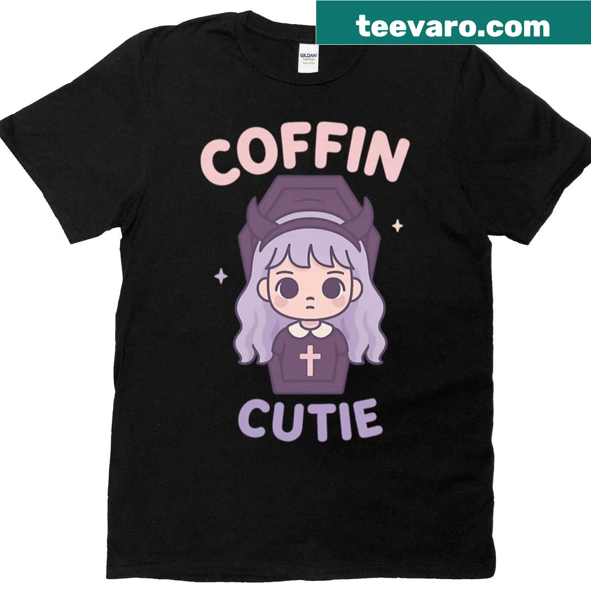 Cartoon coffin design on a pastel goth aesthetic t-shirt — on a men's t-shirt