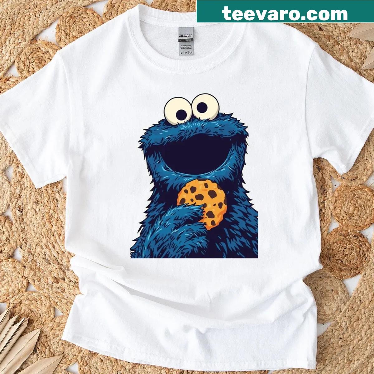 Cartoon Cookie Monster graphic on a T-shirt — on a men's t-shirt