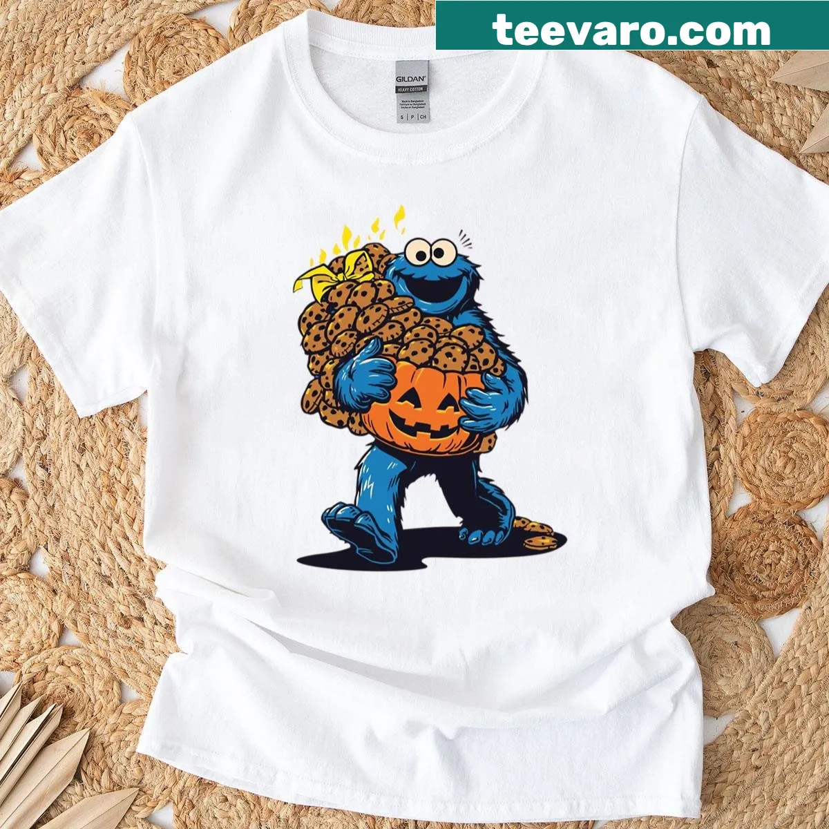 Cartoon Cookie Monster trick-or-treating design on a t-shirt — on a men's t-shirt