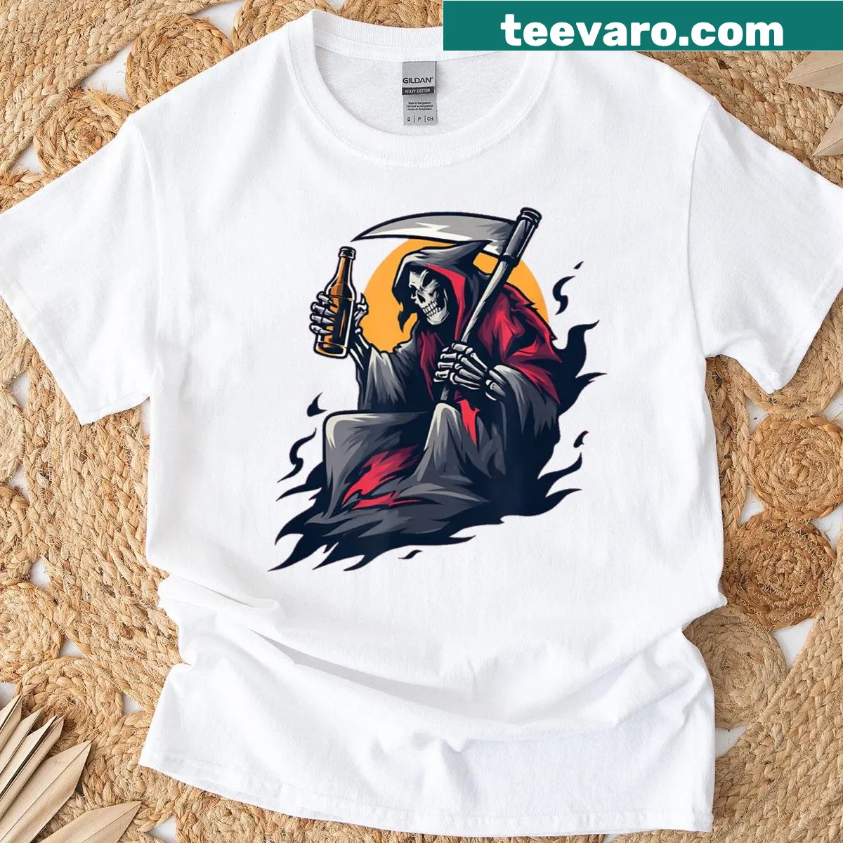 Vintage Grim Reaper holding a beer mug in a humorous logo design — on a men's t-shirt