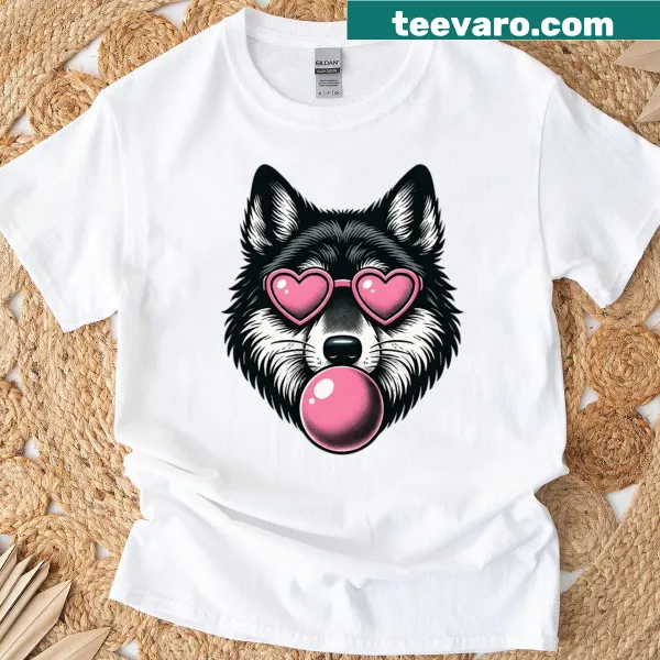 Playful Husky dog T-shirt with heart sunglasses