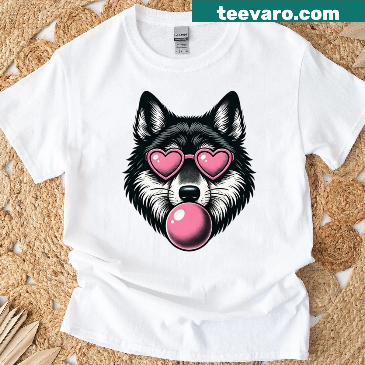 Playful Husky dog T-shirt with heart sunglasses — on a men's t-shirt