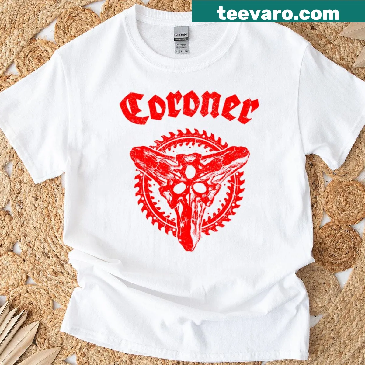 Distressed saw blade graphic on a horror-themed T-shirt. — on a men's t-shirt
