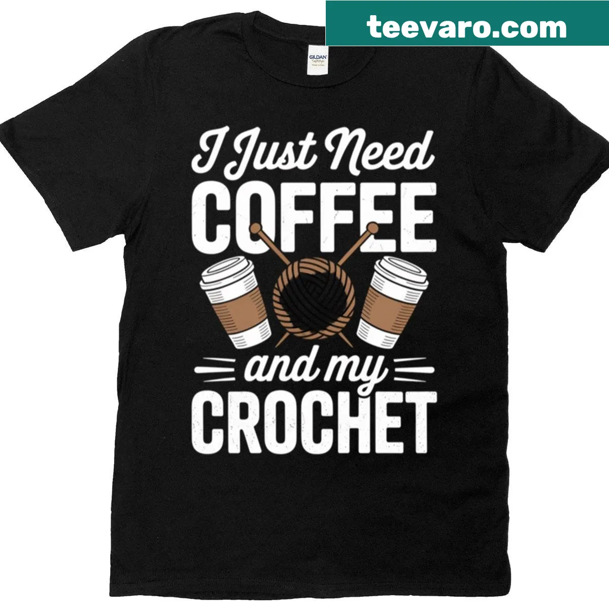 Coffee and crochet quote t-shirt with playful typography design — on a men's t-shirt