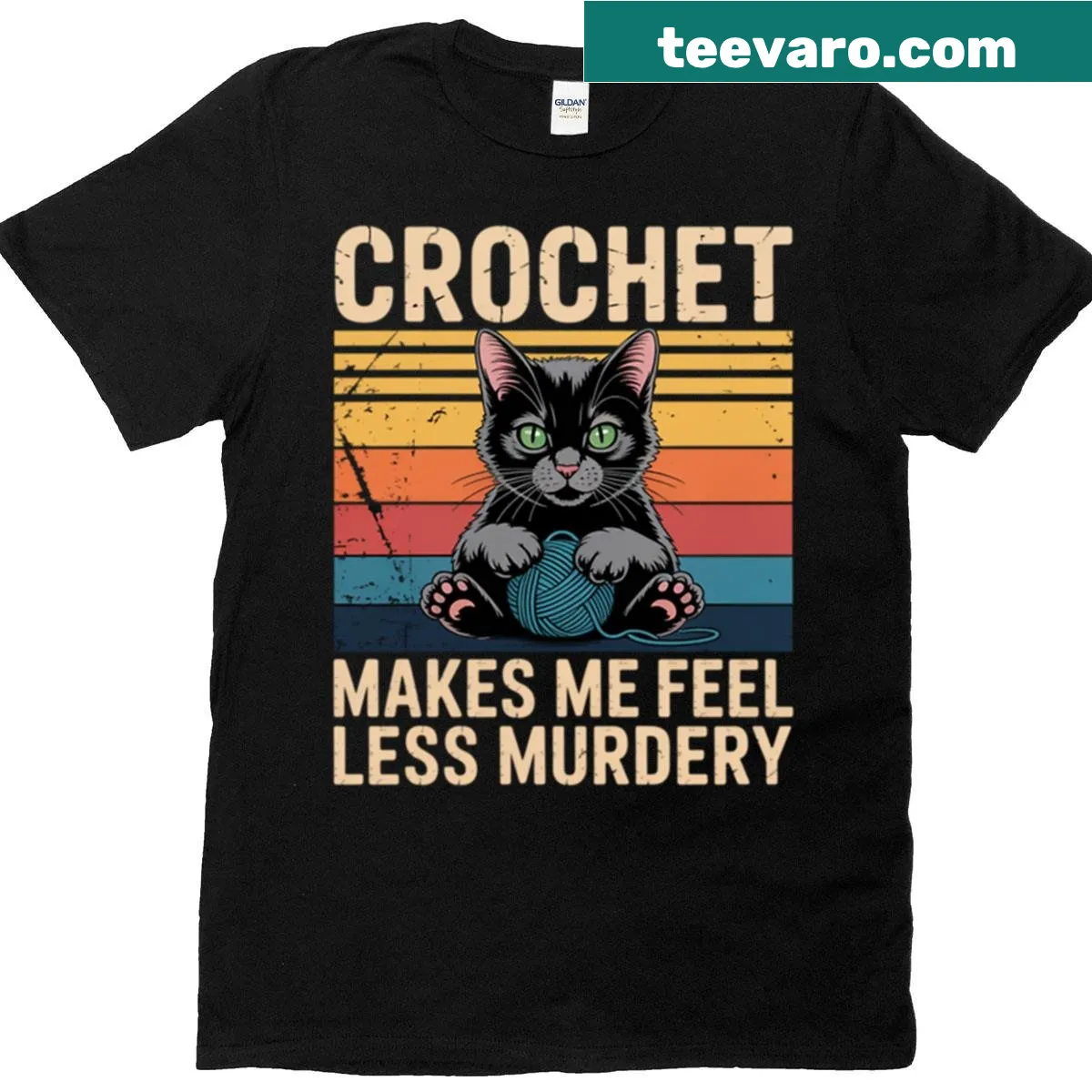 Funny black cat and yarn lover quote T-shirt for crochet enthusiasts — on a men's t-shirt