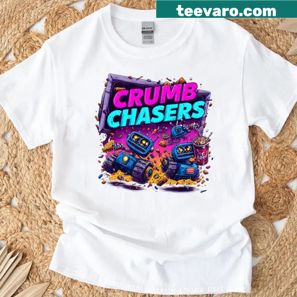 Street art-style T-shirt with playful robots in a food fight