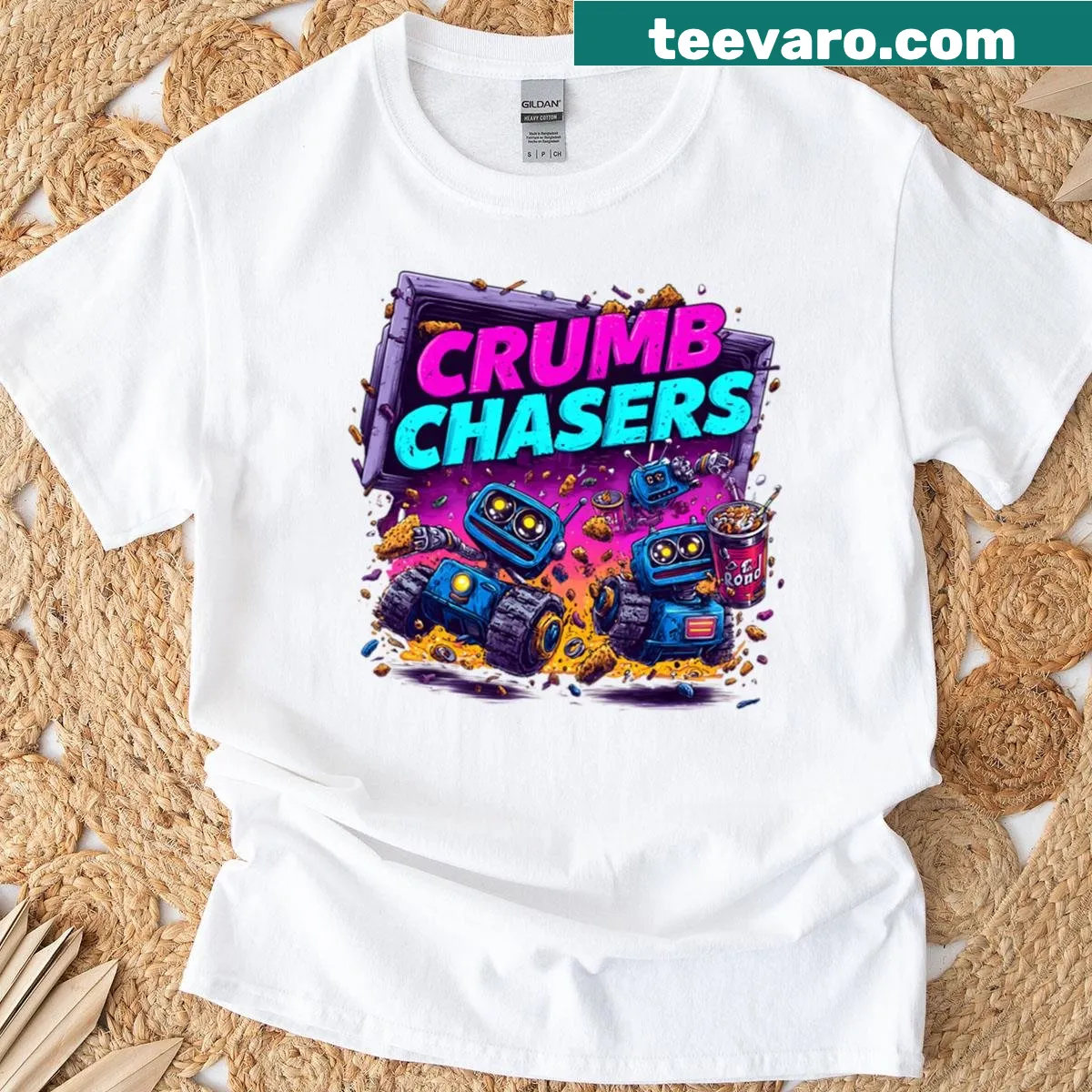 Street art-style T-shirt with playful robots in a food fight — on a men's t-shirt