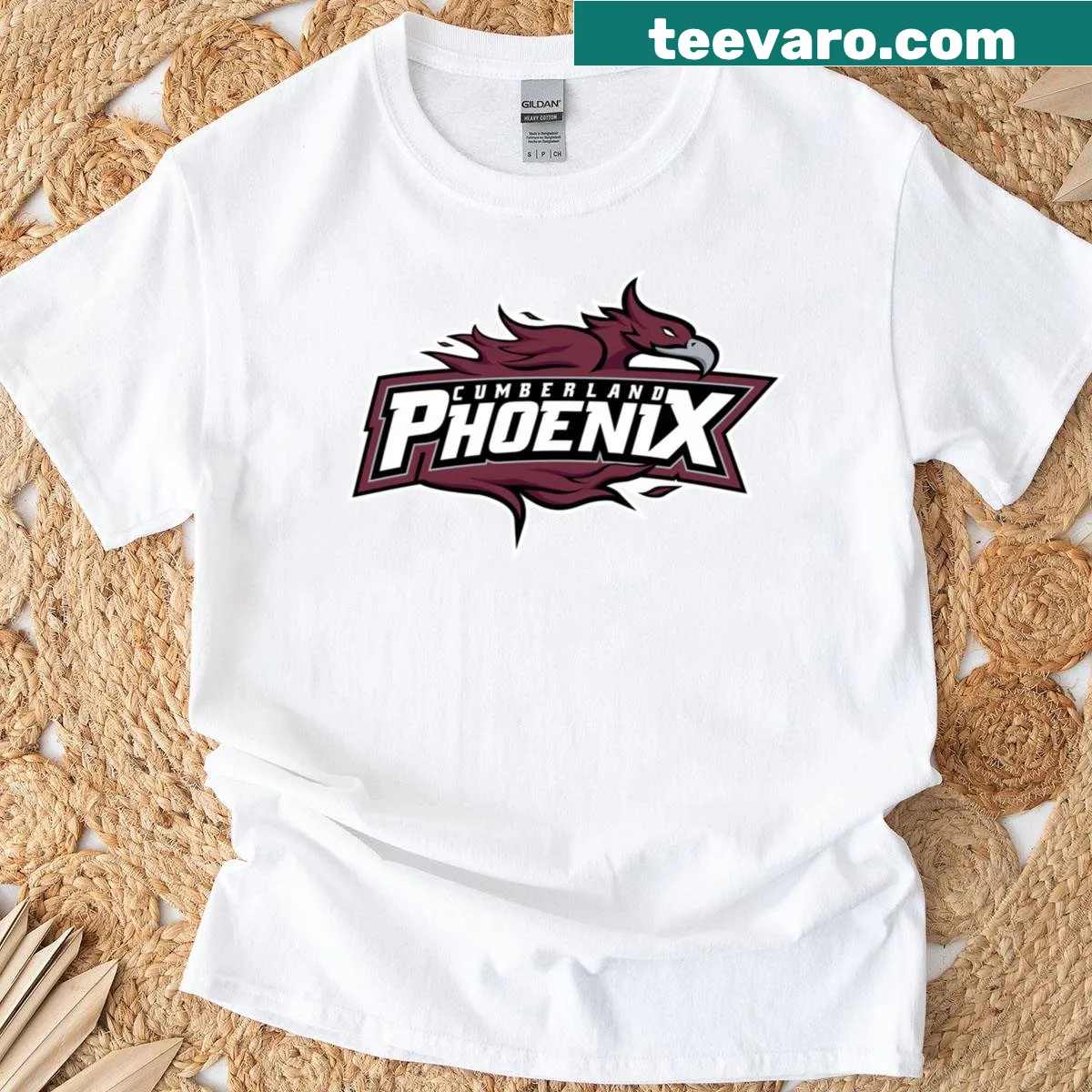 Cumberland University Phoenix logo printed on a tee — on a men's t-shirt