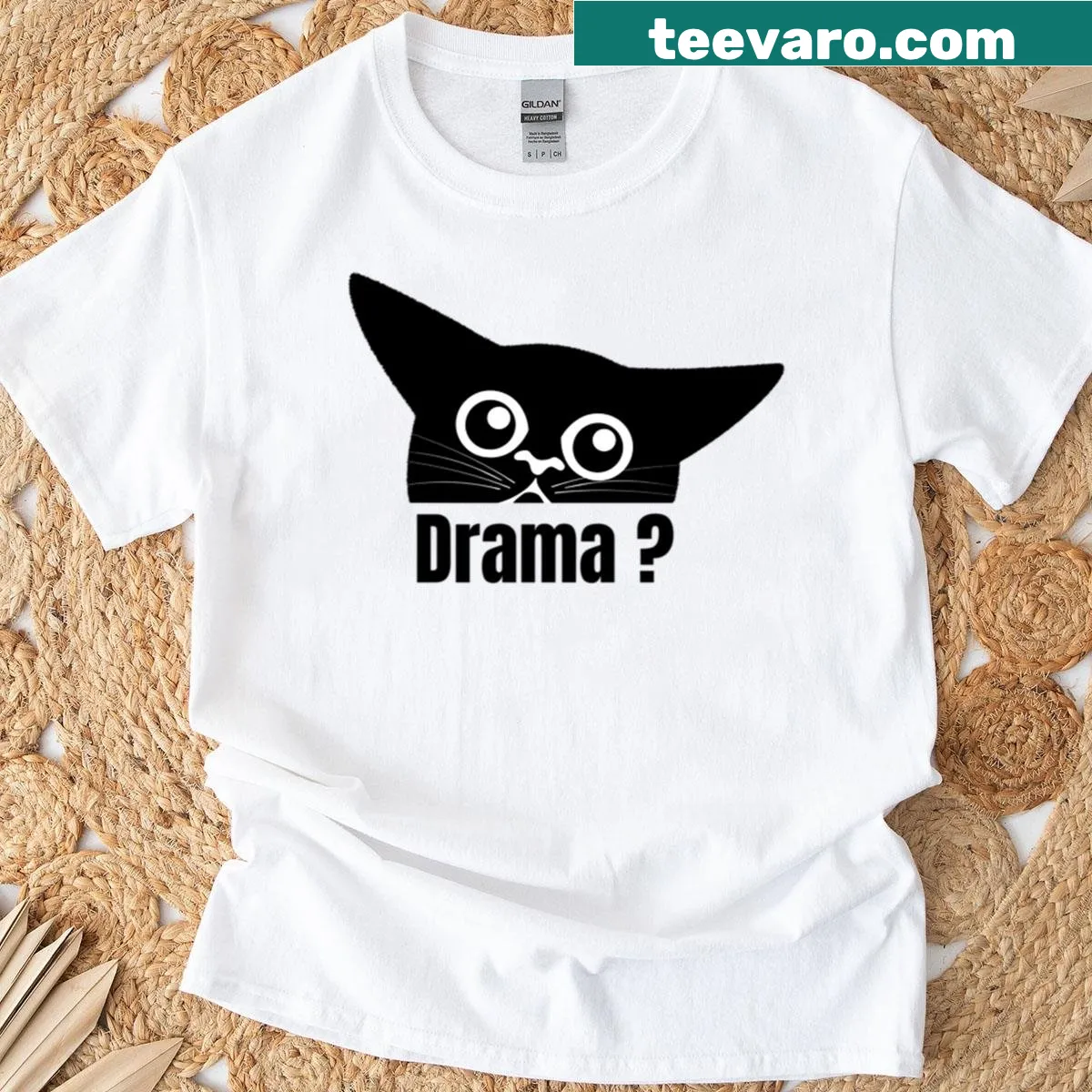 Oversized black cat listening to drama graphic on a funny t-shirt — on a men's t-shirt
