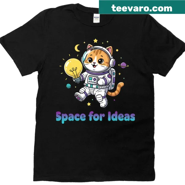 Cute cat astronaut t-shirt featuring lightbulbs and space theme