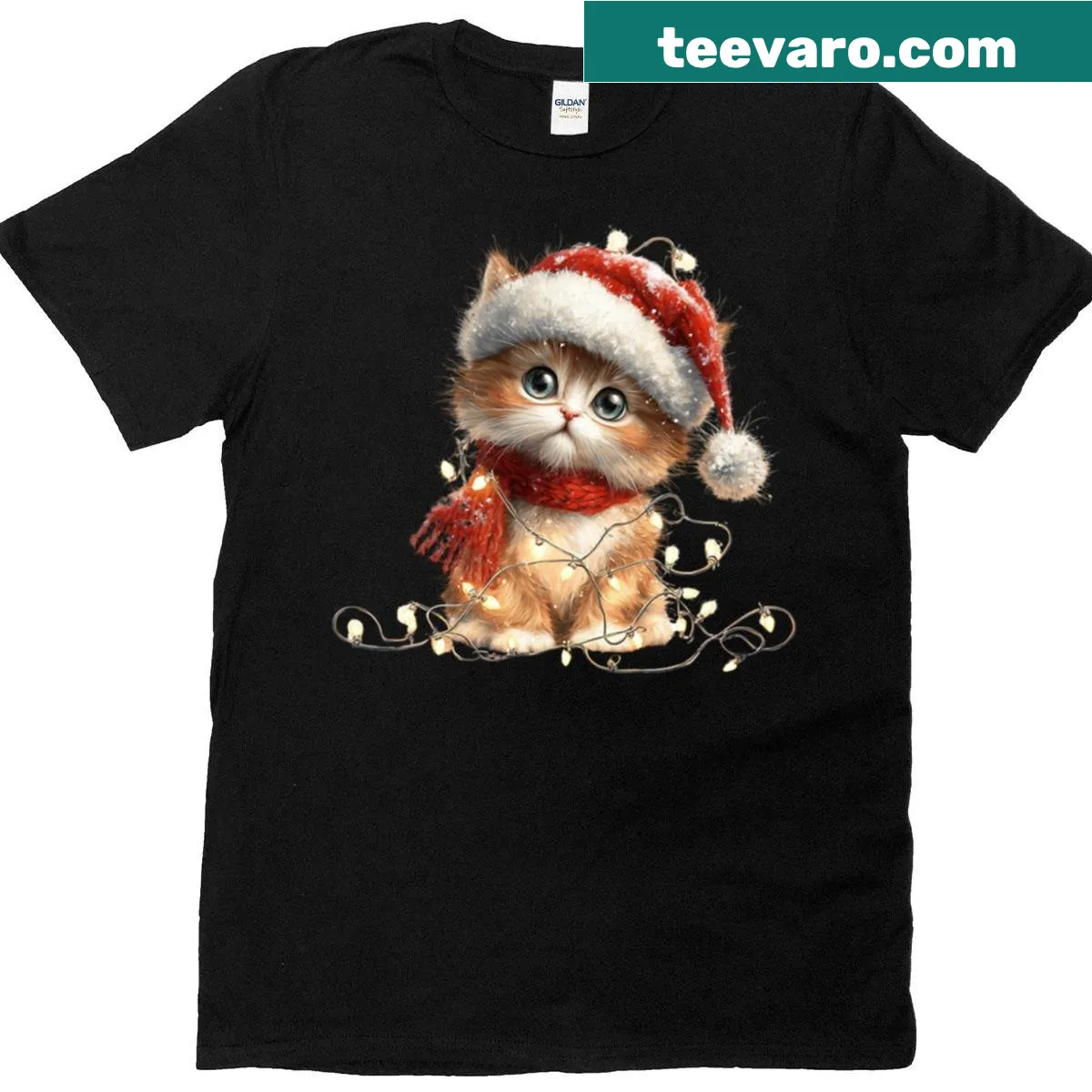 T-shirt with a cute cat wrapped in Christmas lights — on a men's t-shirt