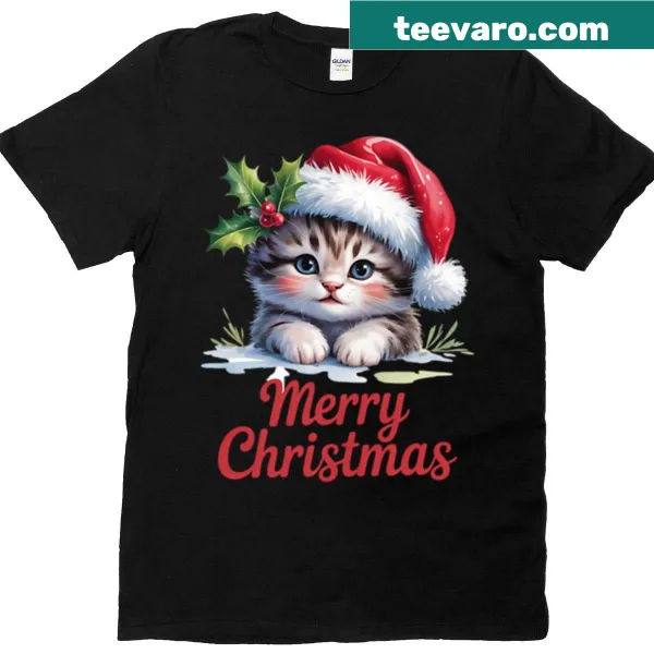 Cute kitten with Santa hat and holly on Christmas t-shirt