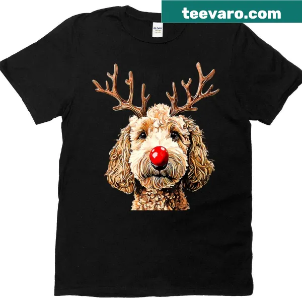 Goldendoodle dressed as Santa with Christmas lights and reindeer design