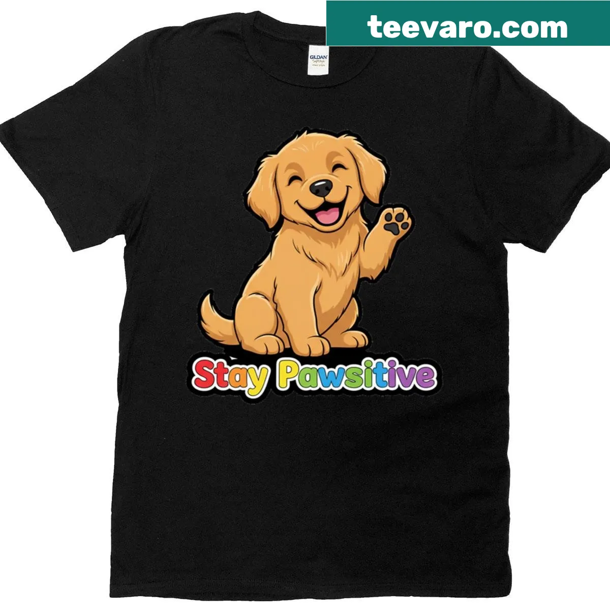 Cute T-shirt featuring a golden retriever puppy and 'Stay Pawsitive' quote — on a men's t-shirt