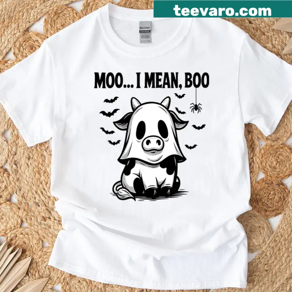 Cute cartoon cow ghost graphic saying 'Moo I Mean Boo' for Halloween