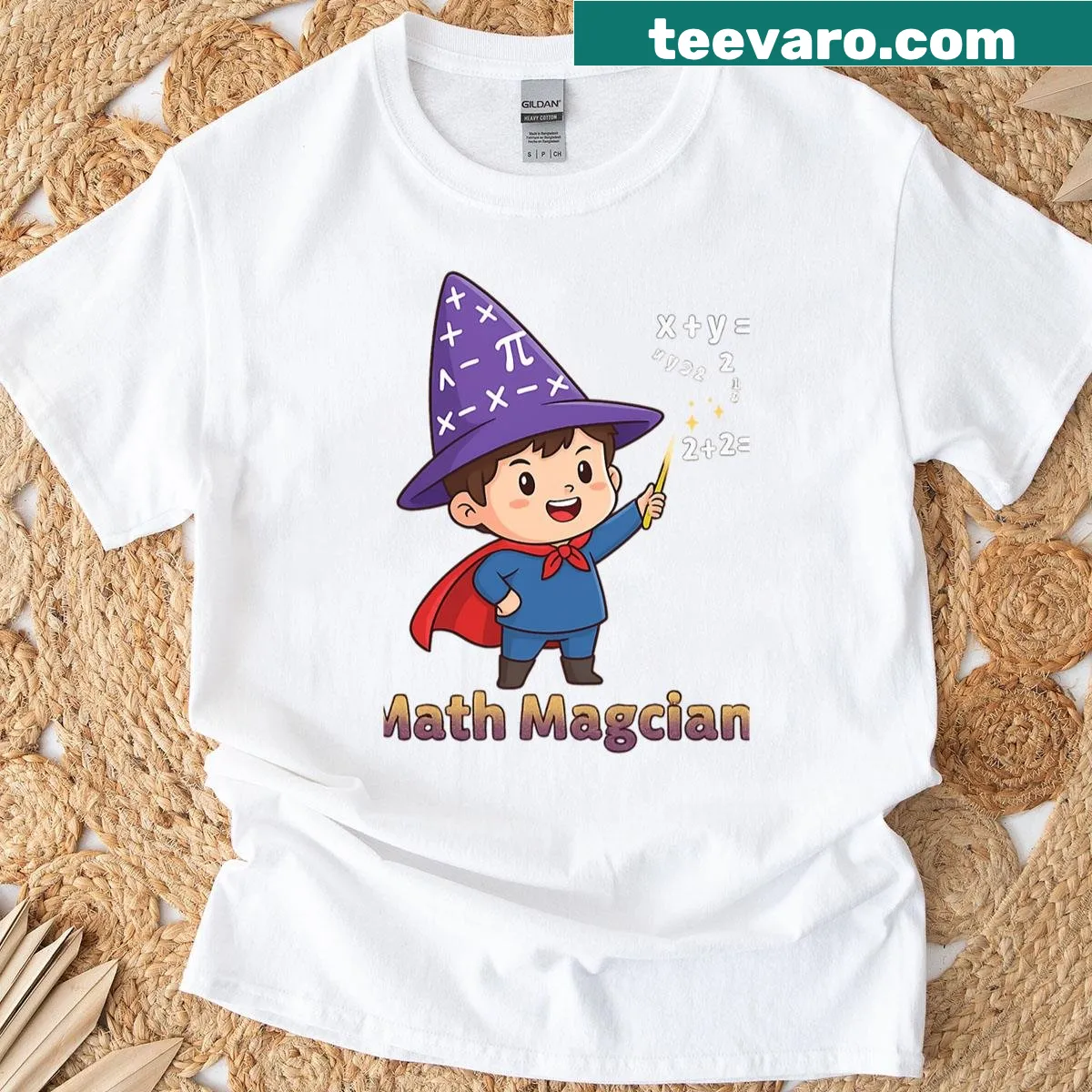 Cute cartoon math magician t-shirt for kids with wizard theme — on a men's t-shirt