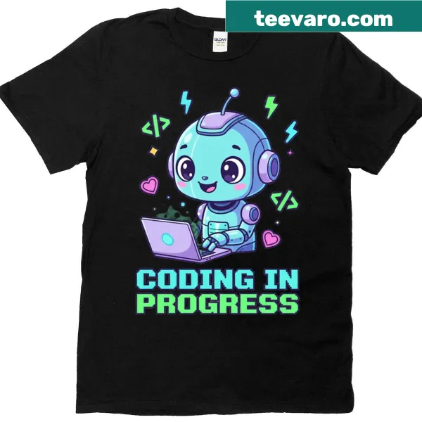 Illustrated cute robot with 'Coding In Progress' text for gamers