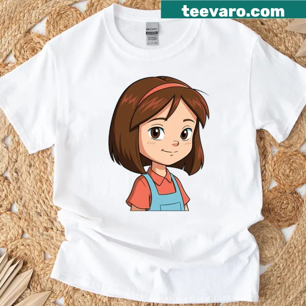 Cartoon girl in overalls smiling with a happy expression