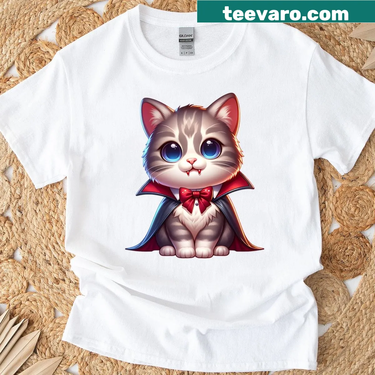 Oversized t-shirt featuring a cute vampire cat illustration — on a men's t-shirt