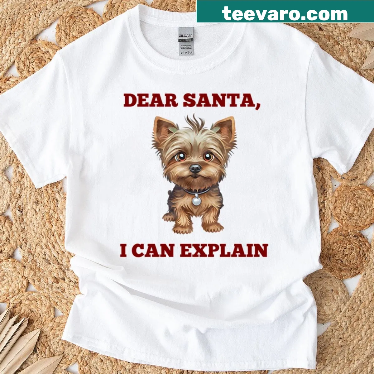Watercolor design of a Yorkshire Terrier with text 'Dear Santa, I Can Explain' — on a men's t-shirt