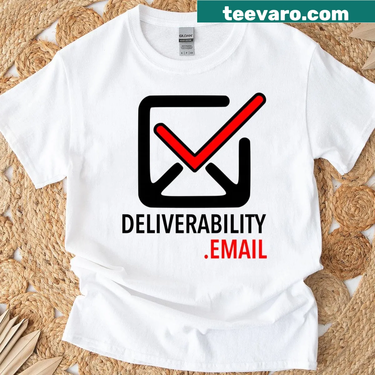 T-shirt featuring the Deliverabilityemail SaaS logo for email marketing — on a men's t-shirt