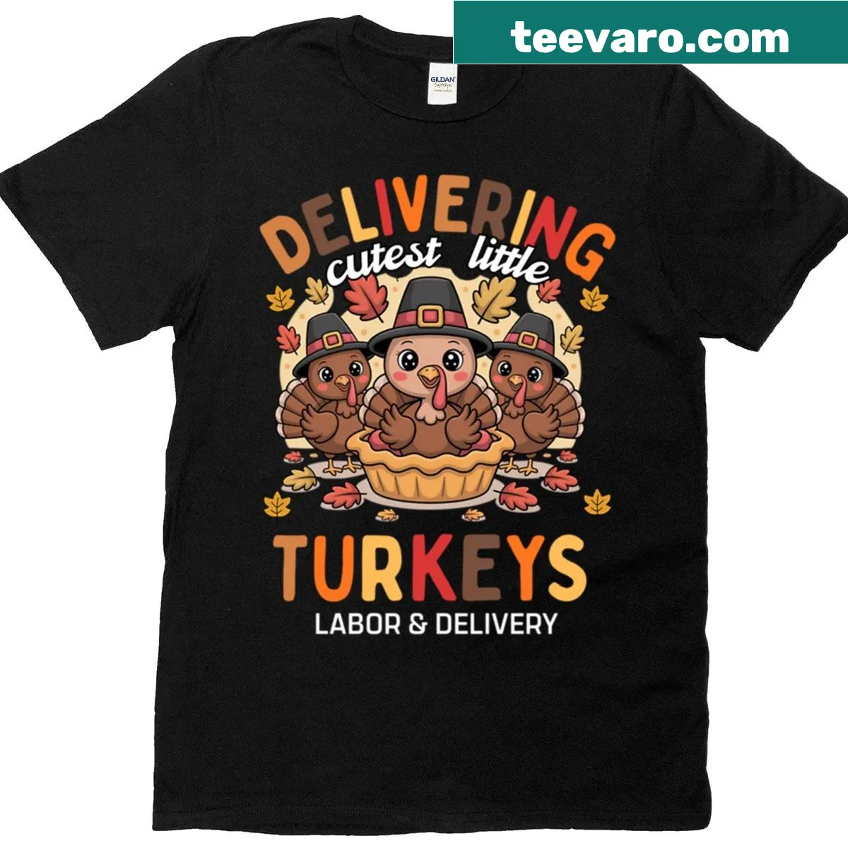 Cute design of turkeys with 'Delivering Cutest Turkeys' text for nurses — on a men's t-shirt