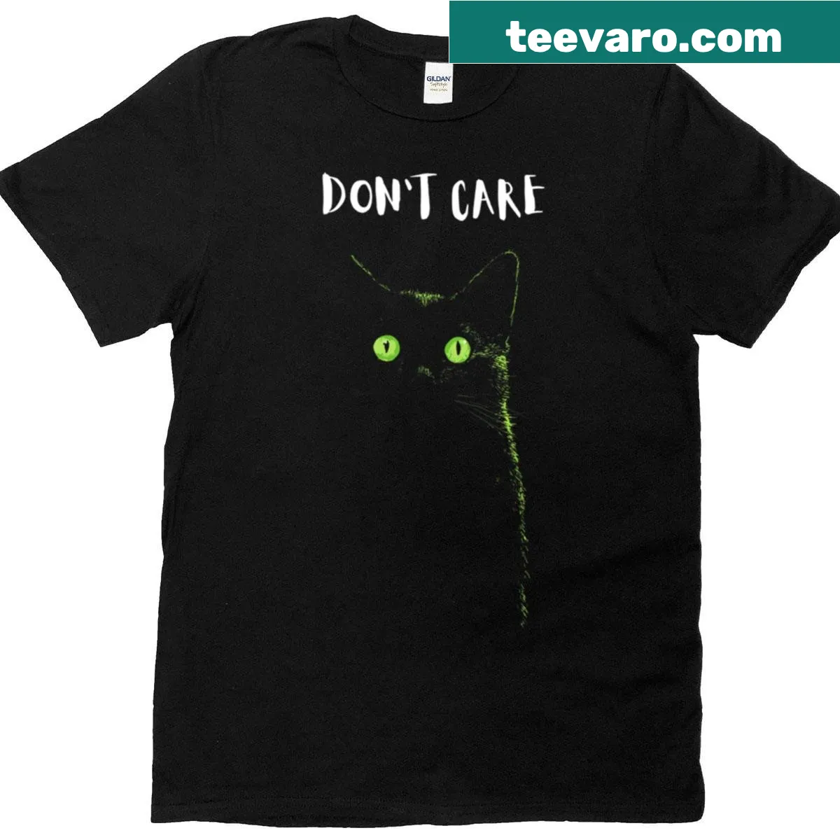 Minimalist sketch of a cat with 'Don't Care' text — on a men's t-shirt