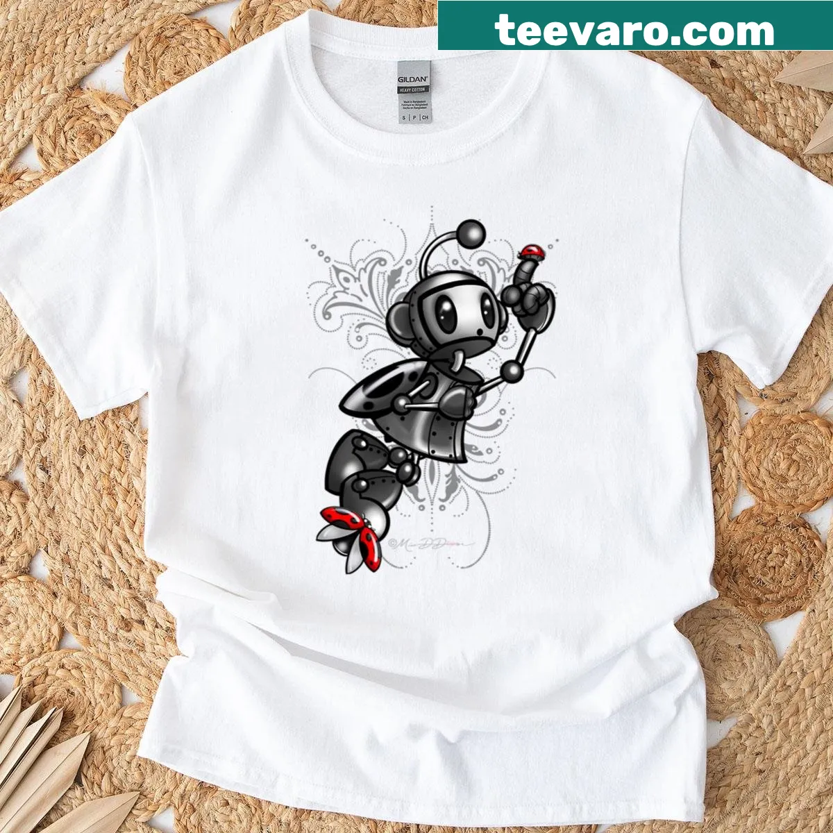 Oversized t-shirt featuring a doodle-style ladybug robot design — on a men's t-shirt