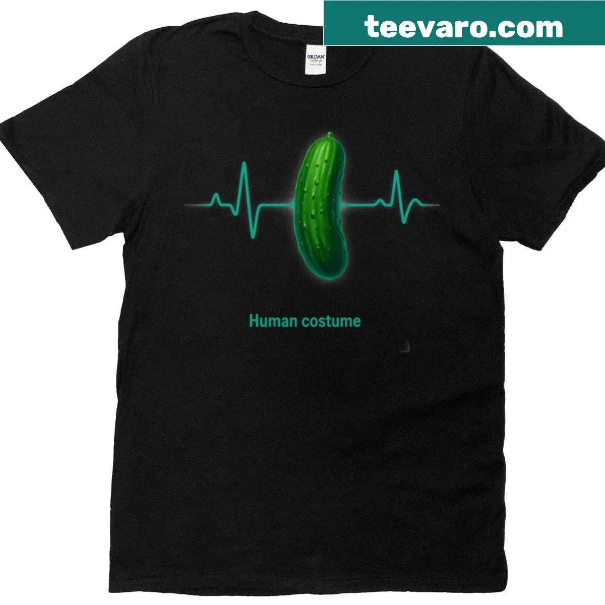 Minimal Halloween T-shirt with a pickle heartbeat graphic — on a men's t-shirt