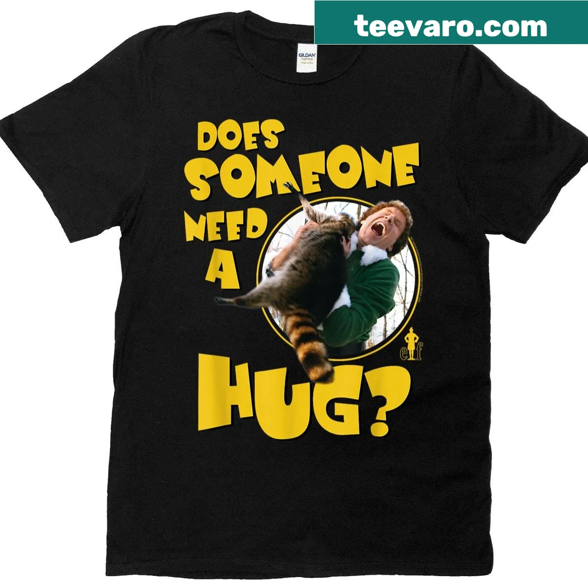 Funny Christmas movie shirt with elf and raccoon design — on a men's t-shirt