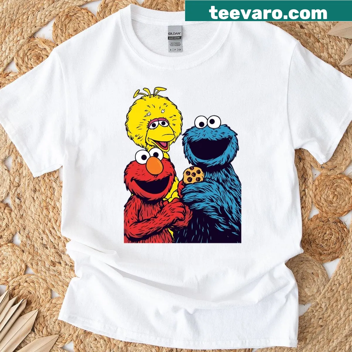 Elmo, Cookie Monster, and Big Bird character shirt — on a men's t-shirt