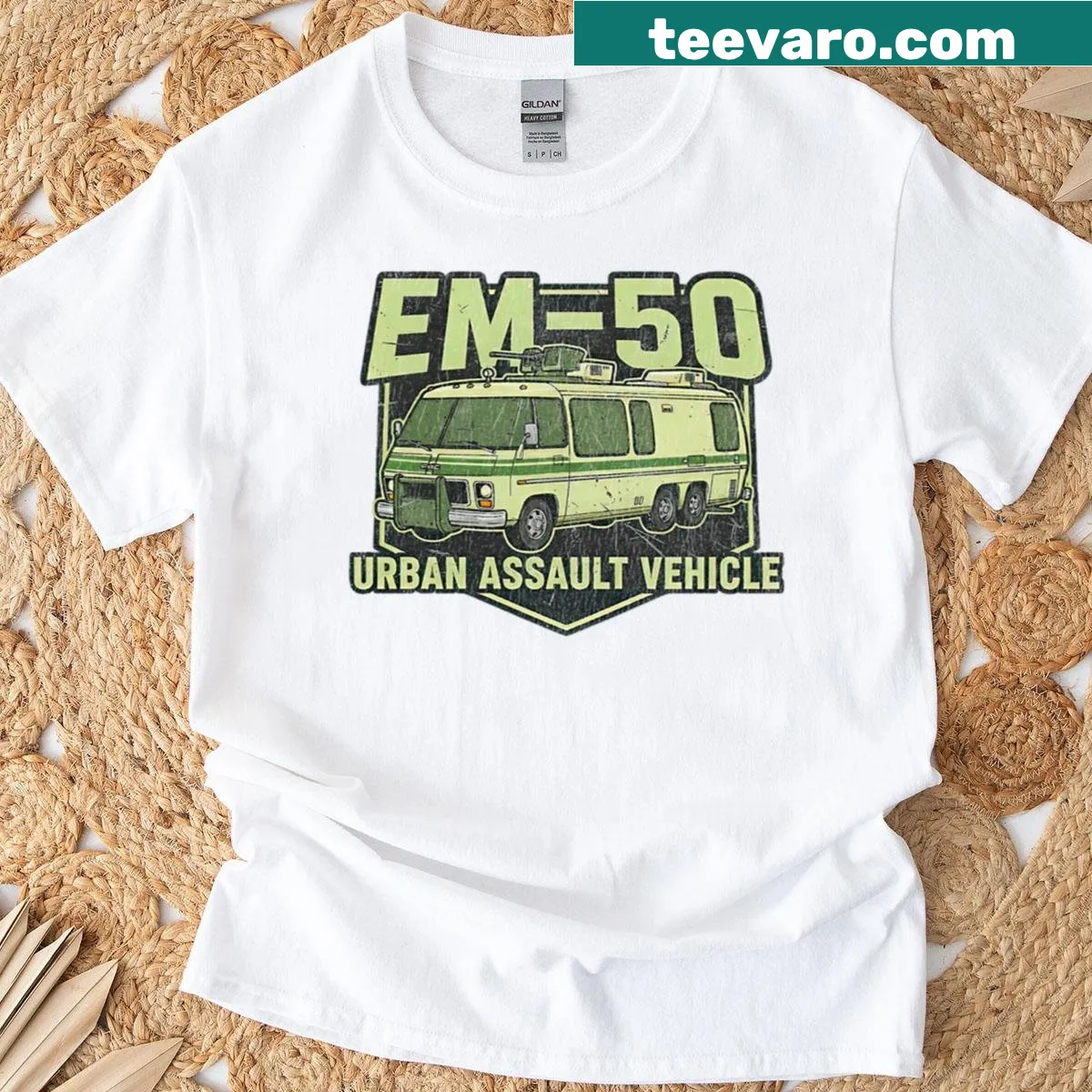 Illustration of the Em-50 Urban Assault Vehicle — on a men's t-shirt