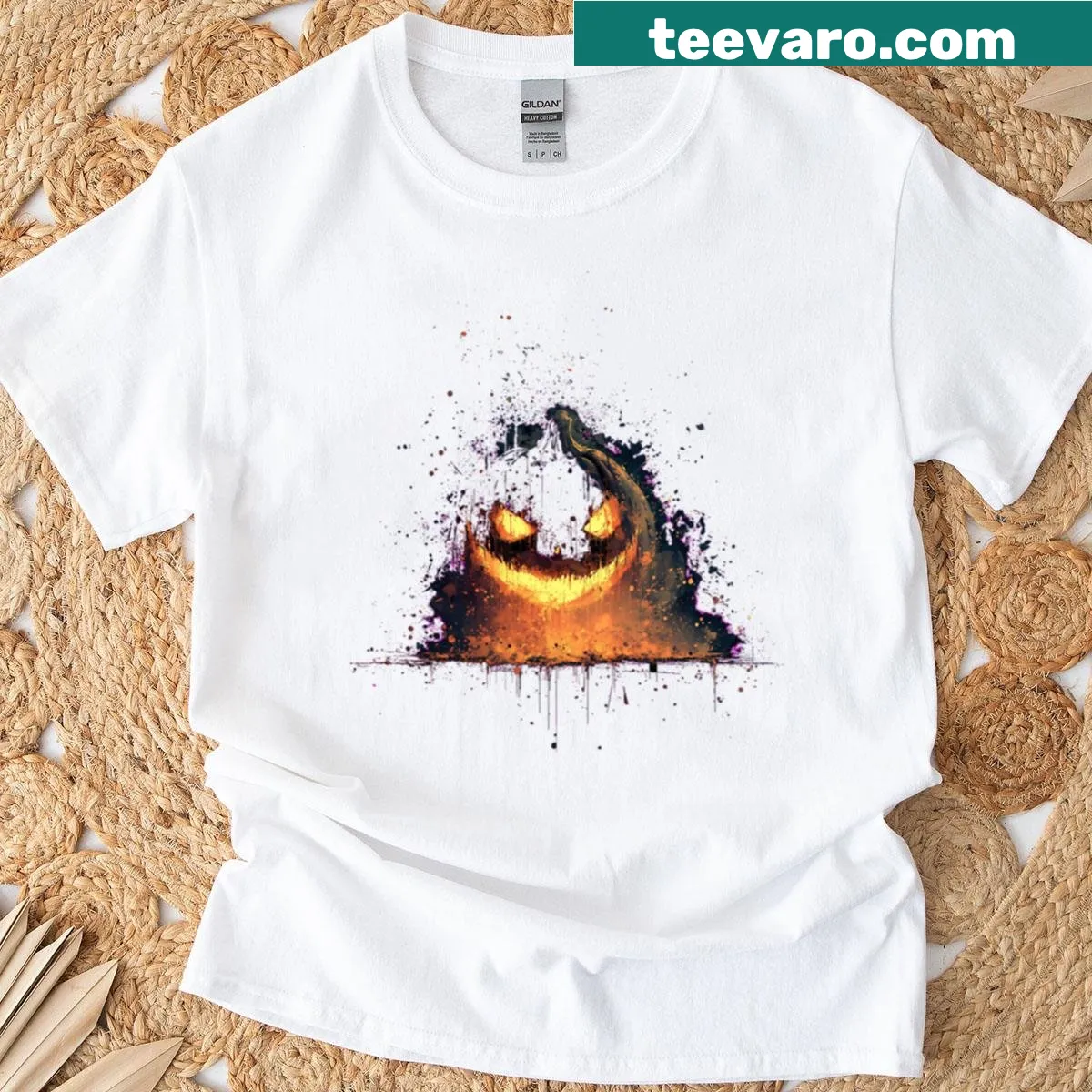 Evil Jack O Lantern splatter art T-shirt — on a men's t-shirt