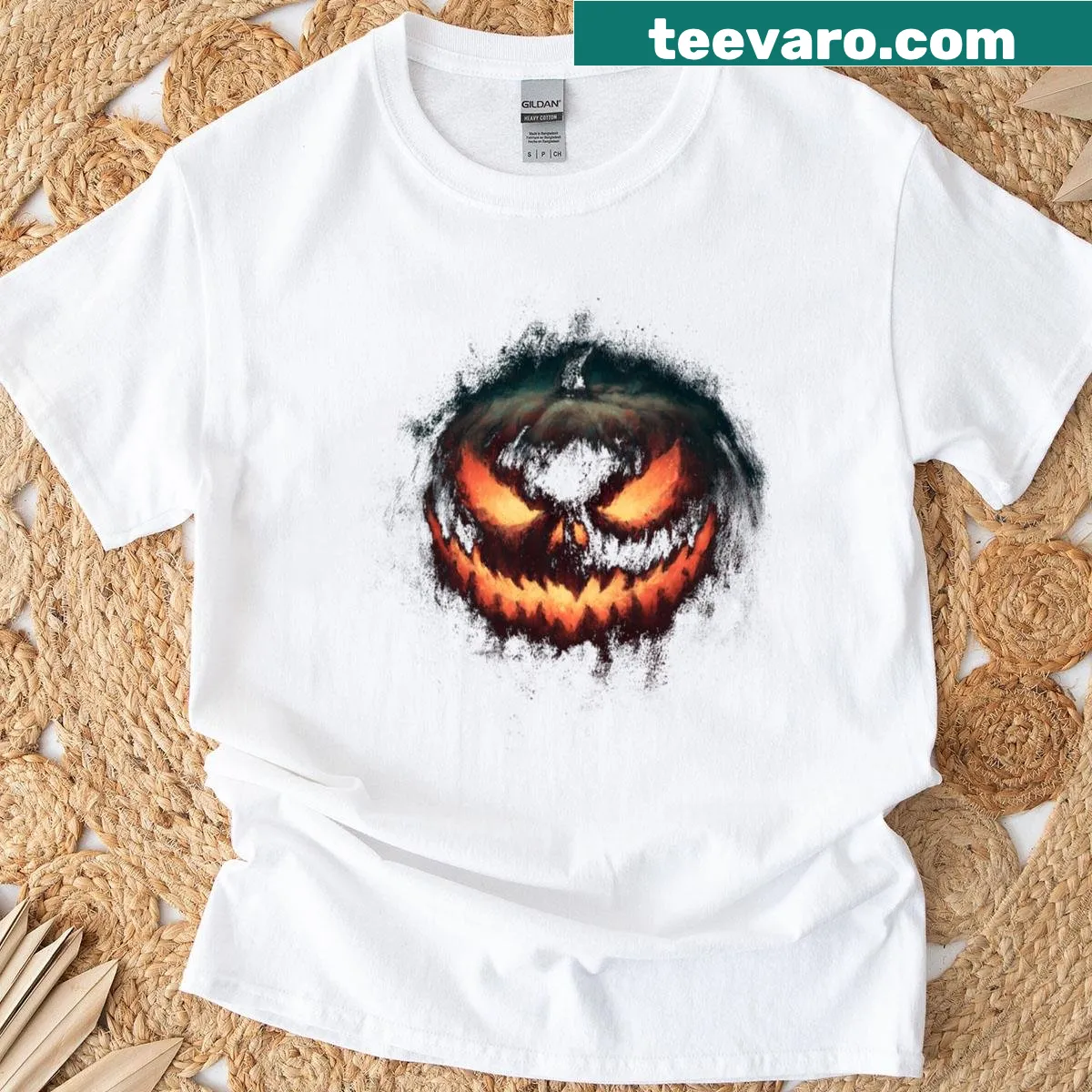 Evil jack-o'-lantern Halloween t-shirt — on a men's t-shirt