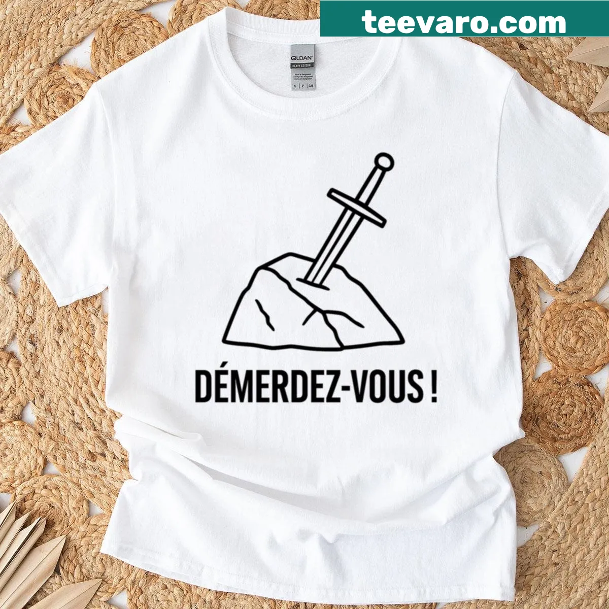 Inspirational typographic design referencing Excalibur — on a men's t-shirt