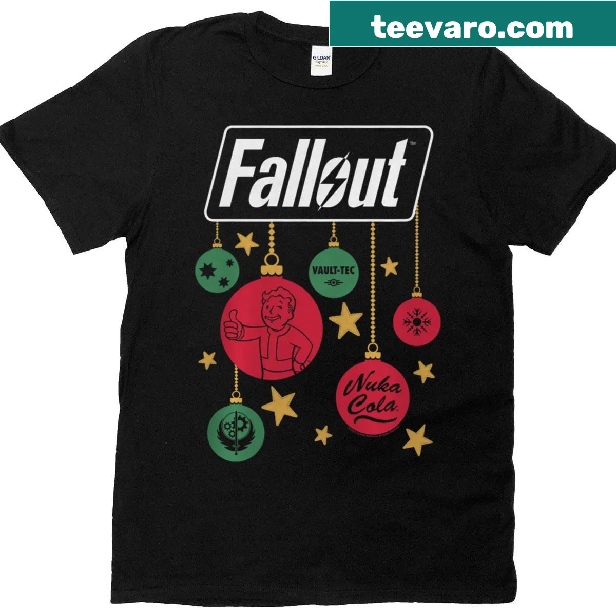 Christmas-themed Fallout logo shirt with ornaments — on a men's t-shirt