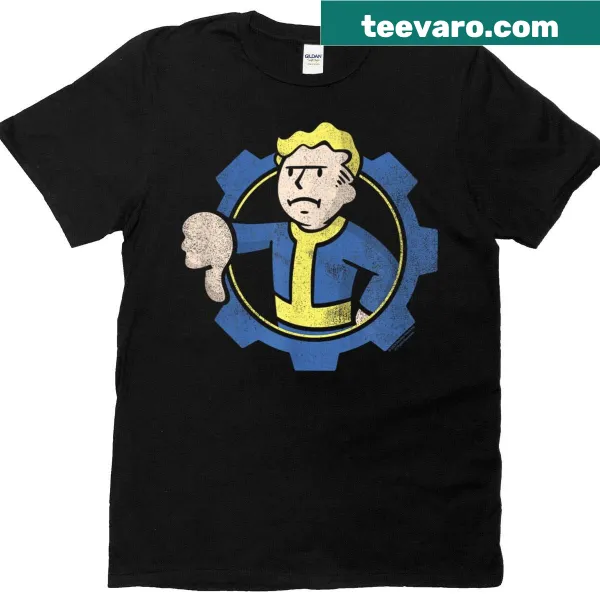 T-shirt featuring Fallout Vault Boy thumbs down graphic in gear logo