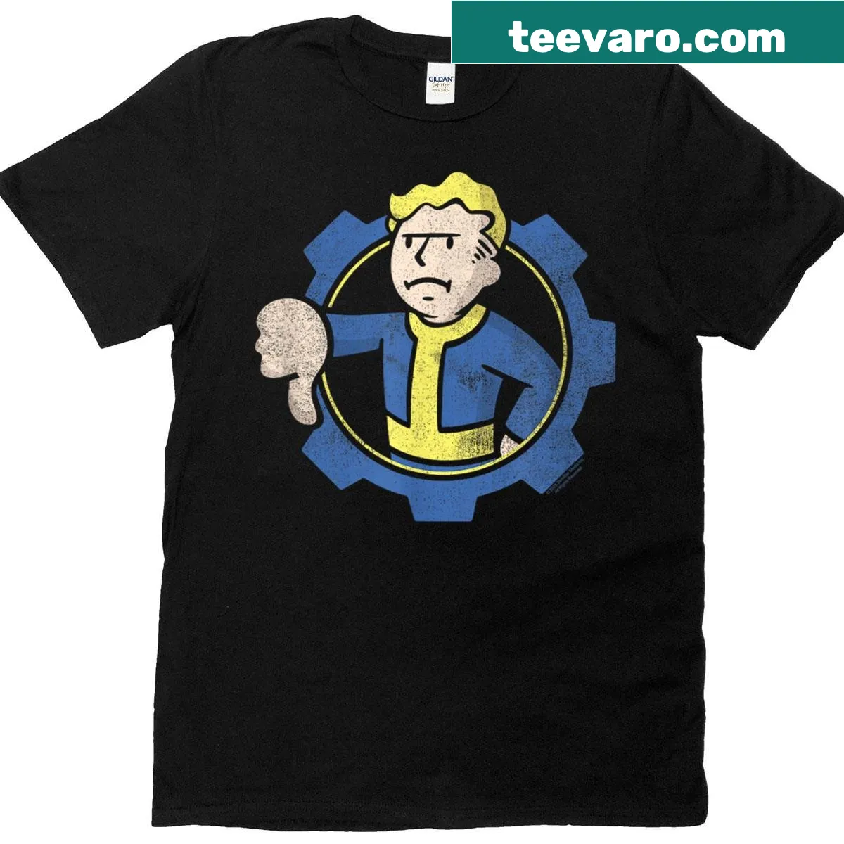 T-shirt featuring Fallout Vault Boy thumbs down graphic in gear logo — on a men's t-shirt