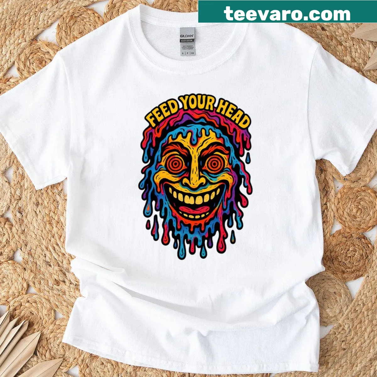 Retro acid face graphic shirt with whimsical typography — on a men's t-shirt
