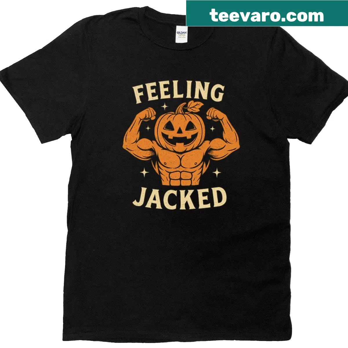 Funny muscular pumpkin gym design Halloween shirt — on a men's t-shirt