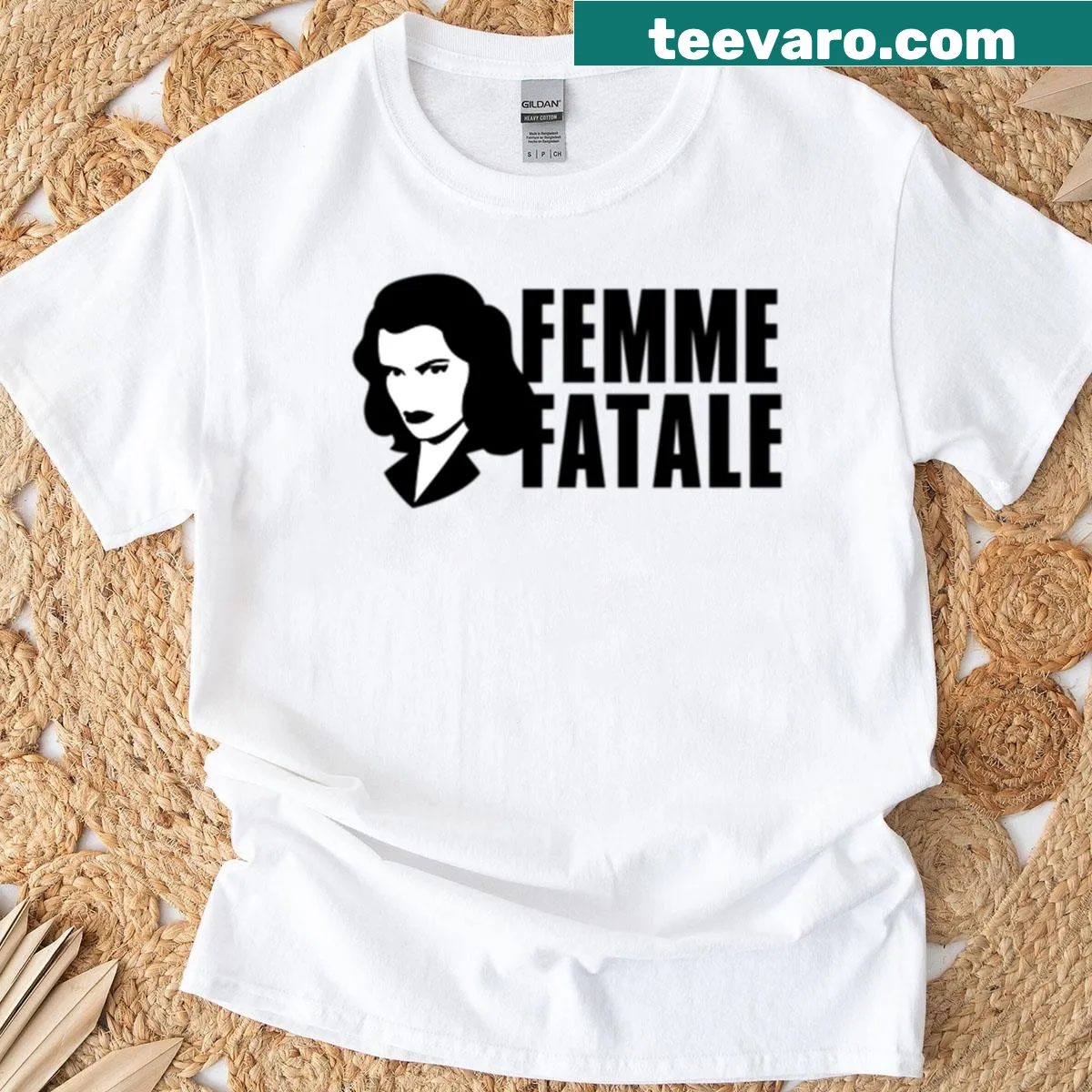 Bold Femme Fatale text on a stylish women's t-shirt — on a men's t-shirt