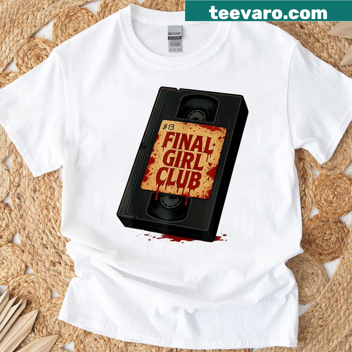 Retro horror movie t-shirt with VHS tape design — on a men's t-shirt