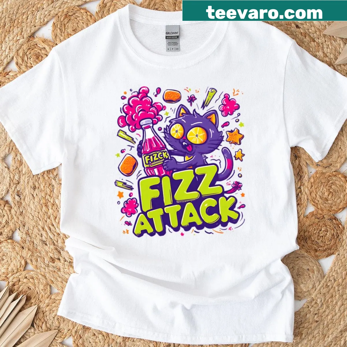 Playful purple cat street art t-shirt with soda pop design — on a men's t-shirt