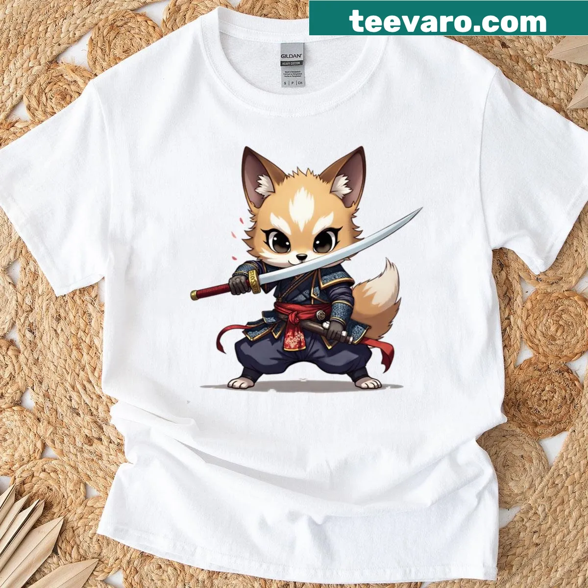 Chibi fox samurai with blade in anime-inspired art — on a men's t-shirt