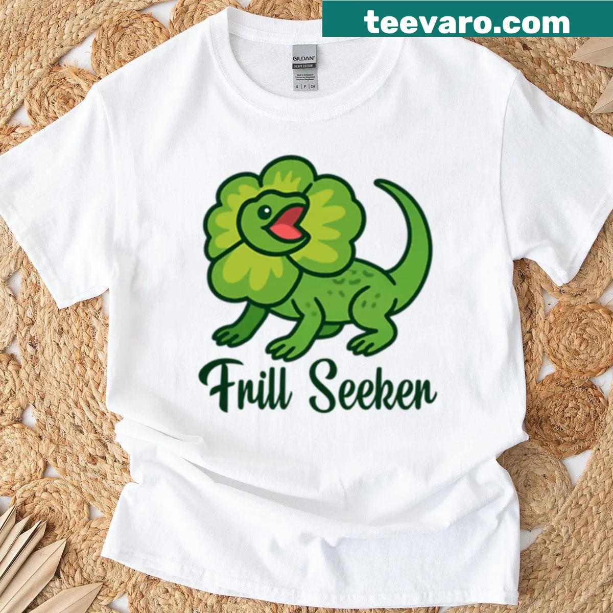 Cartoon frill-neck lizard T-shirt — on a men's t-shirt
