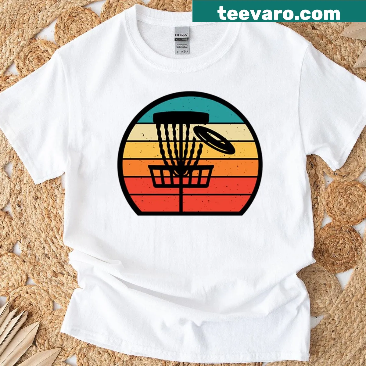 Whimsical Frisbee golf graphic on a vintage-style t-shirt — on a men's t-shirt
