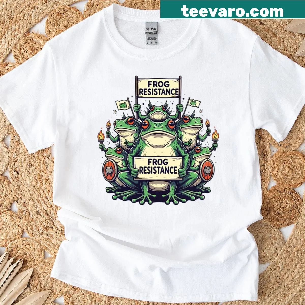 Funny cartoon frogs graphic with the text 'Frog Resistance Army' — on a men's t-shirt