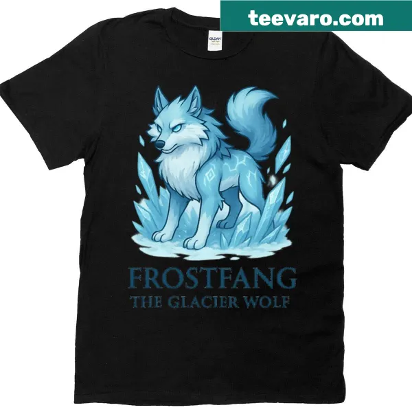 T-shirt featuring an illustration of Frostfang, the glacier wolf