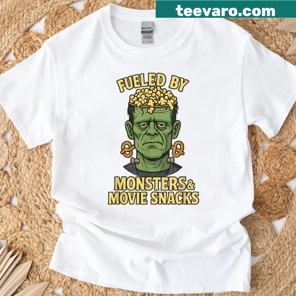 Funny Frankenstein cartoon enjoying movie snacks for Halloween